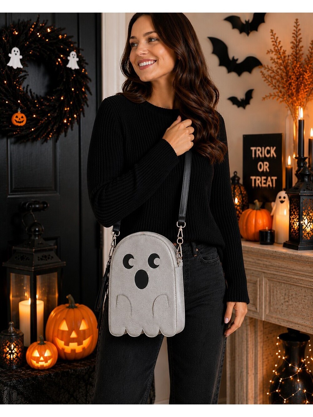Mad Engine Fine By Me Silver Ghost Halloween Crossbody Purse Glitter Bag